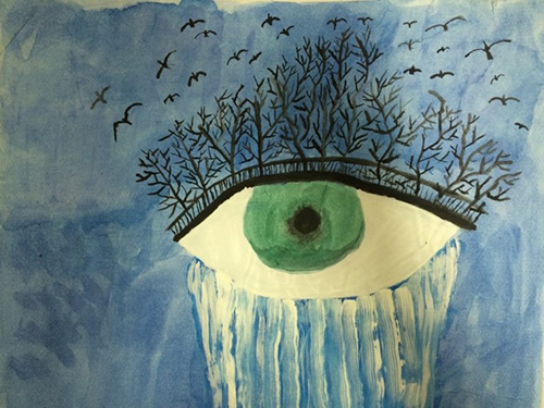 Pintura de un ojo con pestañas de árbol