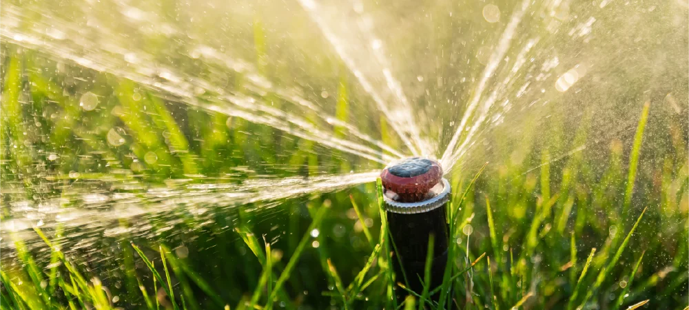 Aspersor de agua del sistema de riego automático en parque Sendero.